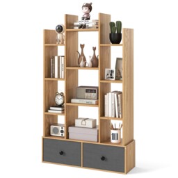 COSTWAY Open-Back Bookshelf Wood Bookcase w/ 12 Compartments-Natural