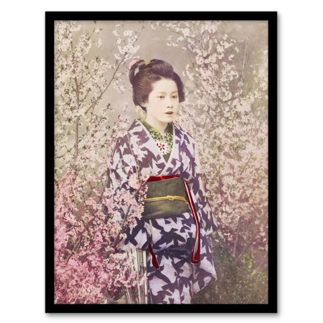 "Geisha And Cherry Blossom Vintage Japan Framed Wall Art Print Kazumasa 12x16"""