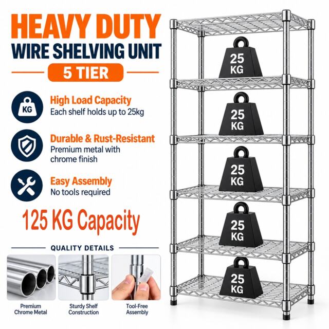 5 Tier Metal Wire Shelving Units for Storage, 125kg Capacity Organizer Shelves Rack, Free Standing Shelf Unit for Office Garage