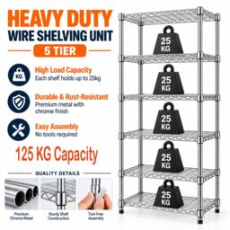 5 Tier Metal Wire Shelving Units for Storage, 125kg Capacity Organizer Shelves Rack, Free Standing Shelf Unit for Office Garage