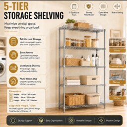 5 Tier Metal Wire Shelving Units for Storage, 125kg Capacity Organizer Shelves Rack, Free Standing Shelf Unit for Office Garage