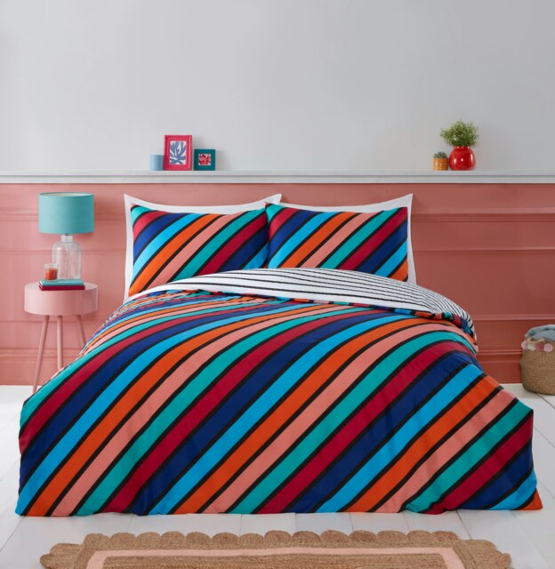 Oxford Stripe Microfibre Reversible Duvet Cover Set with Pillowcase Blue Double