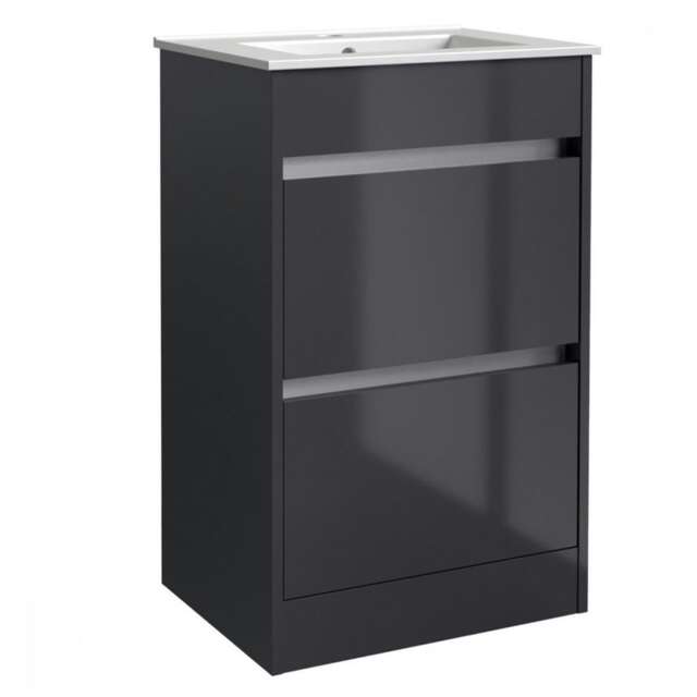 Bathroom 2-Drawer Floor Standing Vanity Unit with Basin 500mm Wide - Storm Grey Gloss (Urban) - Brassware Not Included Grey Grey 1