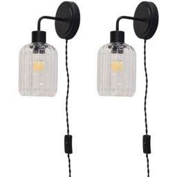 Set of 2 Toby - Black Plug in Wall Lights Ribbed Glass Shades