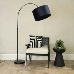 ValueLights Louis Black Arched Curved Floor Lamp Navy Blue Velvet Shade