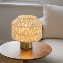 CGC Lighting Woven White Table Lamp with Gold Base E27 Gold White Height: 18.5 cm, Diameter: 16.5 cm