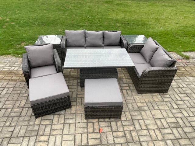 Fimous 8 Seater Outdoor Rattan Garden Furniture Set Height Adjustable Rising lifting Dining Table Love Sofa Chair With 2 Side Tables 2 Big Footstool Dark Grey Mixed