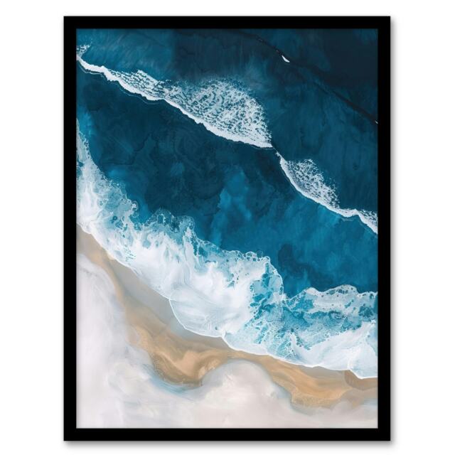 Waves On Beach Above Coastal Calm Bathroom Black Framed Wall Art Print A4