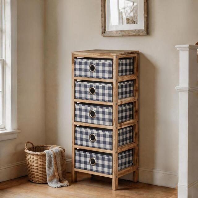 Wooden Chest Of Storage Drawers Plaid Fabric Bedroom Organiser Coastal Style Brown