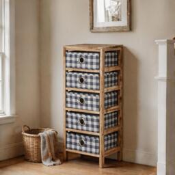 Wooden Chest Of Storage Drawers Plaid Fabric Bedroom Organiser Coastal Style Brown
