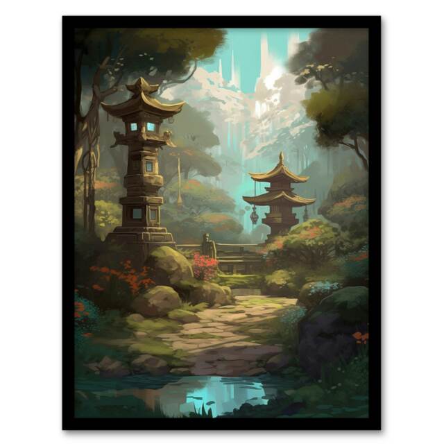 Traditional Japanese Garden Towers Stone Black Framed Wall Art Print A4