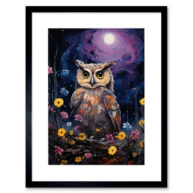 "Great Horned Owl Portrait Full Moon Lavender 9x7"" Black Framed Wall Art Print"