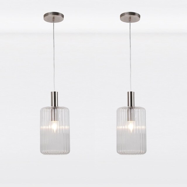 Set of 2 Clear and Brushed Chrome Fluted Glass Design Pendant Fittings Chrome Clear 2