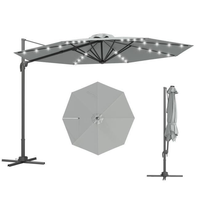 Outsunny 3m Cantilever Roma Parasol Patio Sun Umbrella with Crank Tilt LED Solar Light Cross Base 360 Rotating Outdoor, Grey