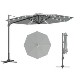 Outsunny 3m Cantilever Roma Parasol Patio Sun Umbrella with Crank Tilt LED Solar Light Cross Base 360 Rotating Outdoor, Grey