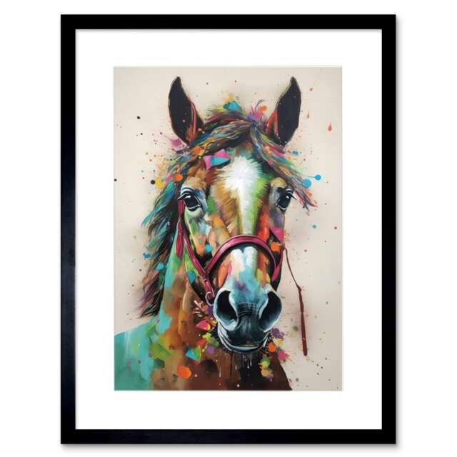 "Colourful Horse Portrait Animal Lover Painting 9x7"" Black Framed Wall Art Print"