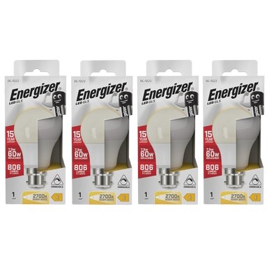 Energizer LED GLS B22 806lm 7.3W 3000K (Warm White) Dimmable Light Bulb - Pack of 4