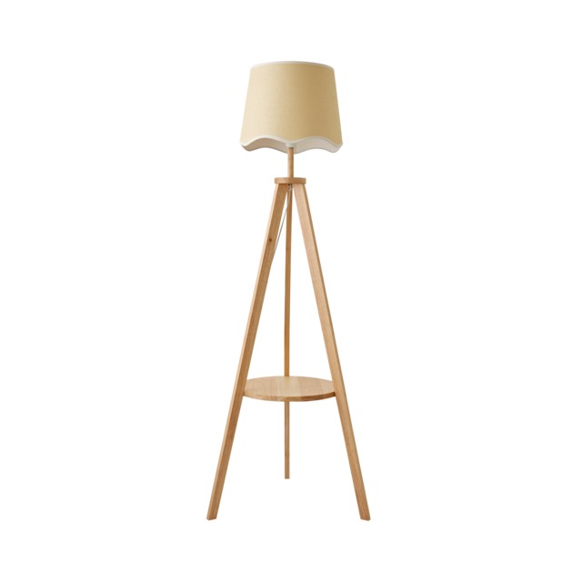 ValueLights Morrigan Wooden Tripod Floor Lamp Scallop White Trim Taper Shade Brown White