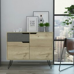 Manhattan Small Sideboard in Brown Wood and Stone Effect - 2 Doors and 1 Drawer with Metal Hairpin Legs Brown Brown One Size 1