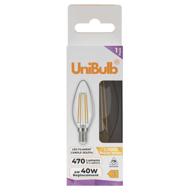 UniBulb LED Filament Candle E14 Small Edison Screw (SES) 470lm 4W (Replaces 40W) 2700K (Warm White) Light Bulb - Pack of 1 White Warm White 1