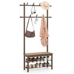 COSTWAY Bamboo Coat Rack PE Rattan Hall Tree with Bench Shoe Storage Brown