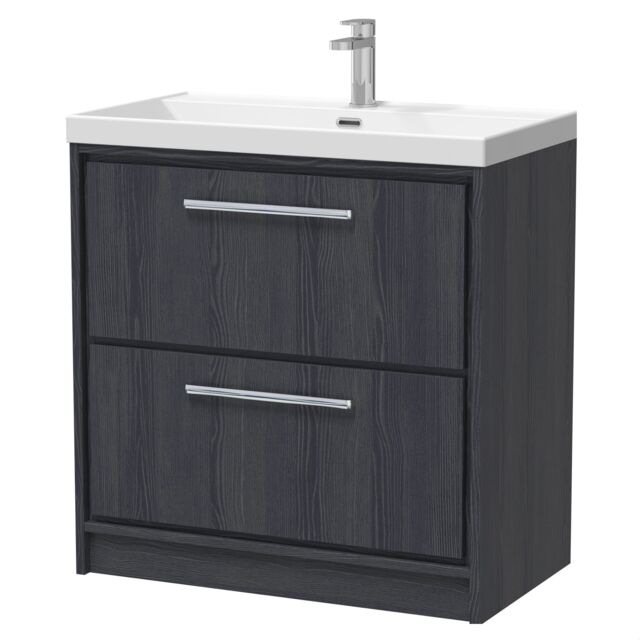 Balterley Longnor 2 Drawer Floor Standing Vanity Unit with 1 Tap Hole Thin Edge Basin, Woodgrain Graphite Grey, 800mm
