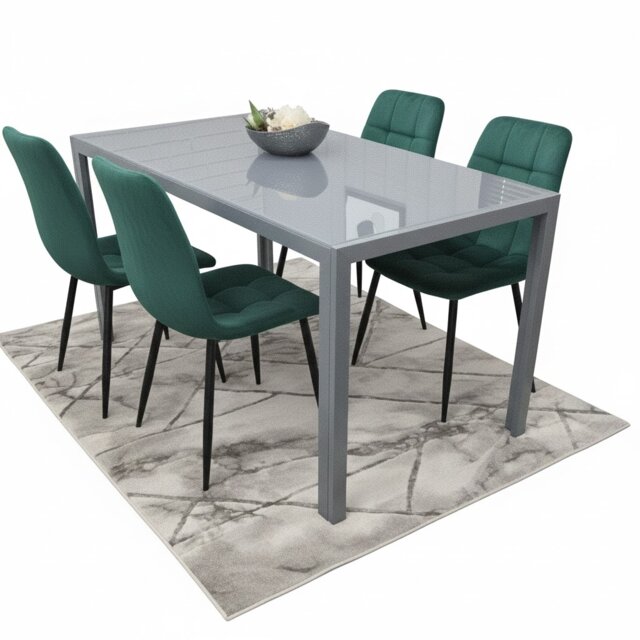 Modern Grey Glass Dining Table Set with 4 Green velvet Chairs Dining Furniture