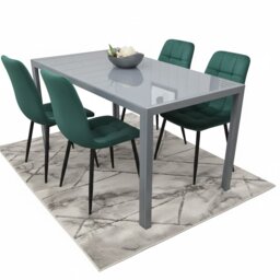 Modern Grey Glass Dining Table Set with 4 Green velvet Chairs Dining Furniture
