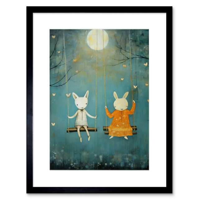 "Rabbits Swing Moonlit Butterflies Kids Bedroom 9x7"" Black Framed Wall Art Print"