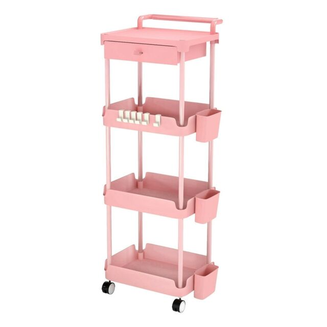 Levede 4 Tier Kitchen Trolley Cart Pink Metal Rolling Storage Rack Island