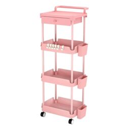 Levede 4 Tier Kitchen Trolley Cart Pink Metal Rolling Storage Rack Island