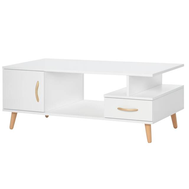HOMCOM Modern Minimalism Coffee Table with Storage, Sofa Side Table with Shelf & Drawer for Living Room Reception Room, White White