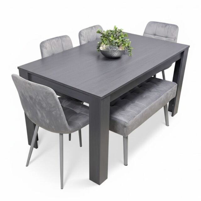 Dining Table Set with Bench and 4 Grey Velvet Chairs Dark Grey Wood