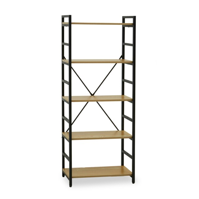 Cross-Pattern Design 5 Tier Light Yellow Shelf Unit,Bookcase Shelving With Black Metal Frame,Storage Rack Black