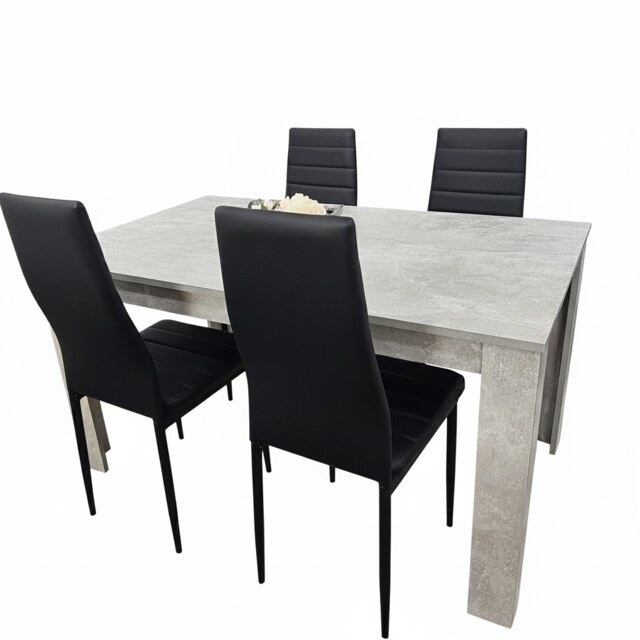 Dining Table and 4 Chairs Stone Grey Effect Wood Table 4 Black Faux Leather Chairs Dining Room