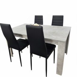 Dining Table and 4 Chairs Stone Grey Effect Wood Table 4 Black Faux Leather Chairs Dining Room