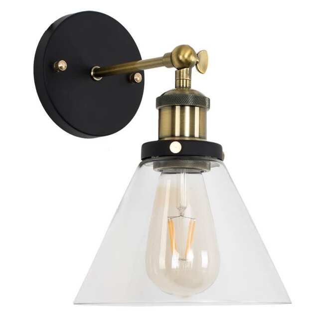 ValueLights Norton Black and Gold Wall Light Fitting Clear Glass Conical Shade and Bulb