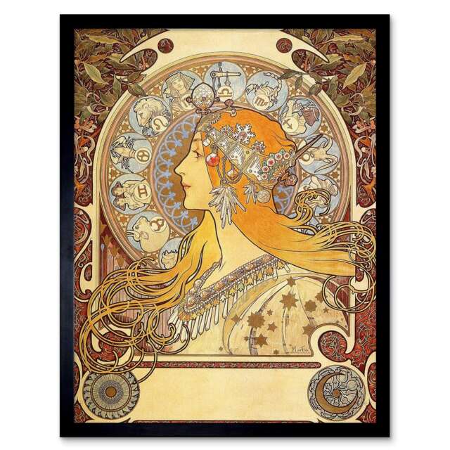 "Alphonse Mucha Zodiac 1896 Old Master Painting 12x16"" Framed Wall Art Print"
