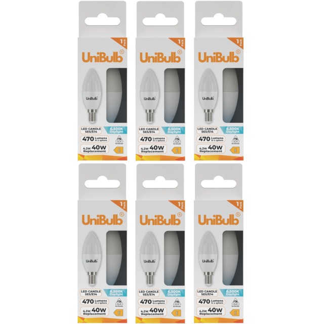 UniBulb LED Candle E14 Small Edison Screw (SES) 470lm 4.2W (Replaces 40W) 6500K (Daylight) Light Bulb - Pack of 6 White Daylight 6