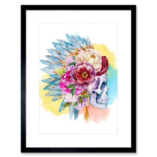 "Skull Flowers Native American Feather Headdress Hat 9x7"" Black Framed Wall Art Print"