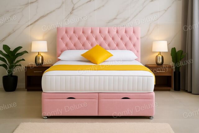 Ottoman Bed Pink Plush Chesterfield 3ft Single Bed Set with Headboard and Mattress