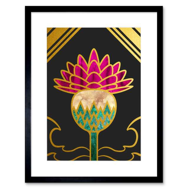 "Gold Edge Scottish Thistle Flower Scotland 9x7"" Black Framed Wall Art Print"