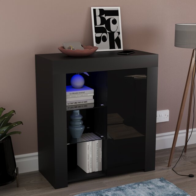 Vida Designs Azura 1 Door LED Sideboard Buffet Cabinet Storage, Black Black 1