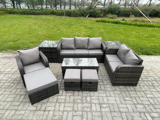 Fimous High Back Rattan Garden Furniture Set with Loveseat Sofa Rectangular Coffee Table 2 Side Tables 3 Footstools Indoor Outdoor Patio Lounge Sofa Set Dark Grey Mixed