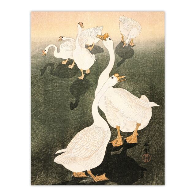 "A Flock Of Grazing Geese 1926 Vintage Japan Wall Art Print Koson 12x16"""