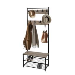 House of Home Coat Rack Stand with Shoe Storage Bench 9 Hooks Rustic Light Brown Entrance Hall Brown Light Brown