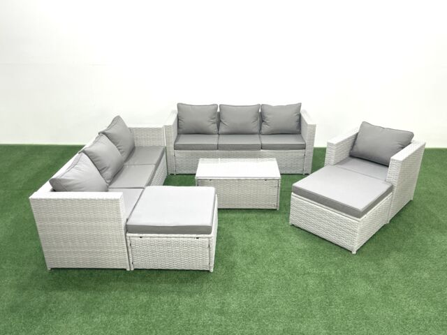 Fimous Wicker PE Rattan Sofa Garden Furniture Set with Armchair Oblong Coffee Table 2 Big Footstools Light Grey Mixed