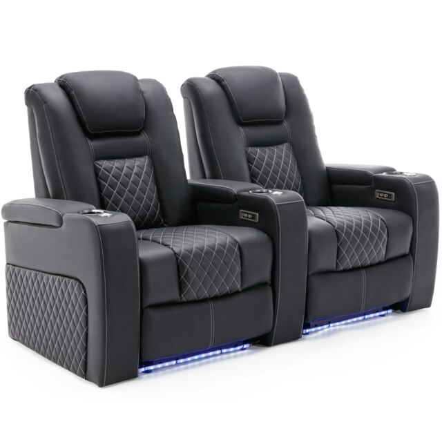 Broadway 2 Seater Cinema Electric Recliner Chair USB Charging LED Base (Black w White stitching)
