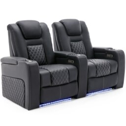 Broadway 2 Seater Cinema Electric Recliner Chair USB Charging LED Base (Black w White stitching)