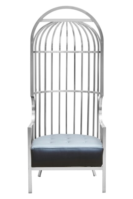 Orsina Brushed Silver Dome Cage Chair, Art‑Deco Silver Metal Frame with Dome‑Top Cage Design, Black Tufted Seat
